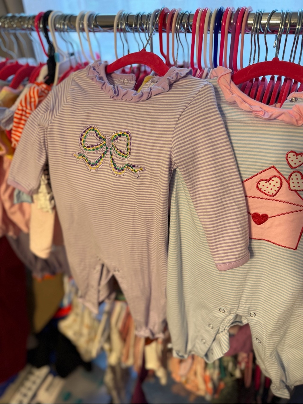 Mardi Gras/Bow Jelly Bean Romper in 3-6 months